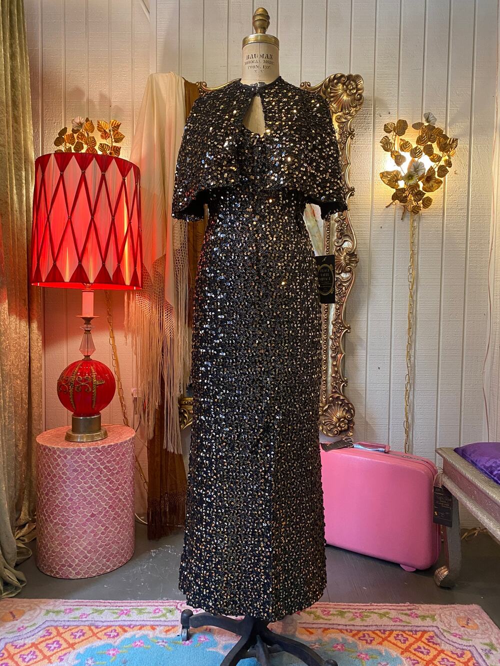 vintage 1970s sequin strapless gown, 70s formal dress and cape, holiday, nye, xs